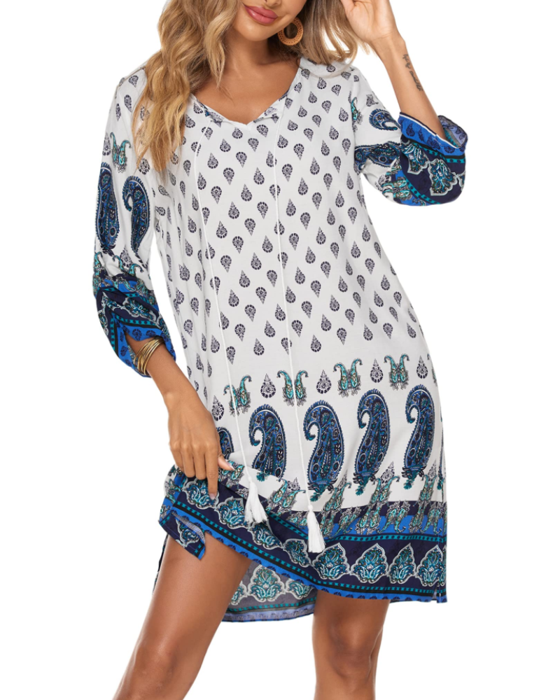 Evelyn Women's Boho Tunic Dress – Floral Tassel Long Sleeve Mini Beach Cover-Up