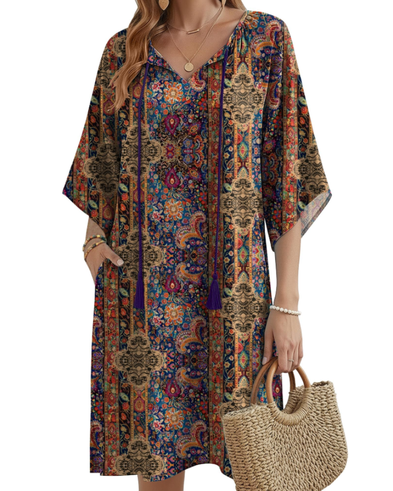Cecilia Women's Boho Tunic Dress – V-Neck Floral Tassel Knee-Length with Pockets