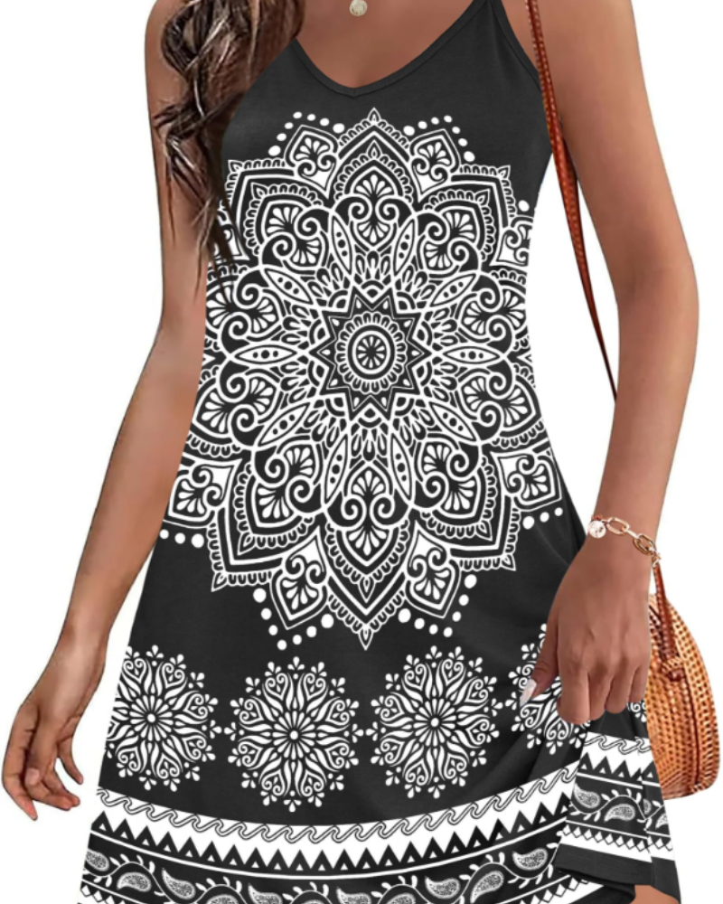 Eloise Women's Boho Mini Dress – Adjustable Strap Floral Dress with V-Neck & Pockets