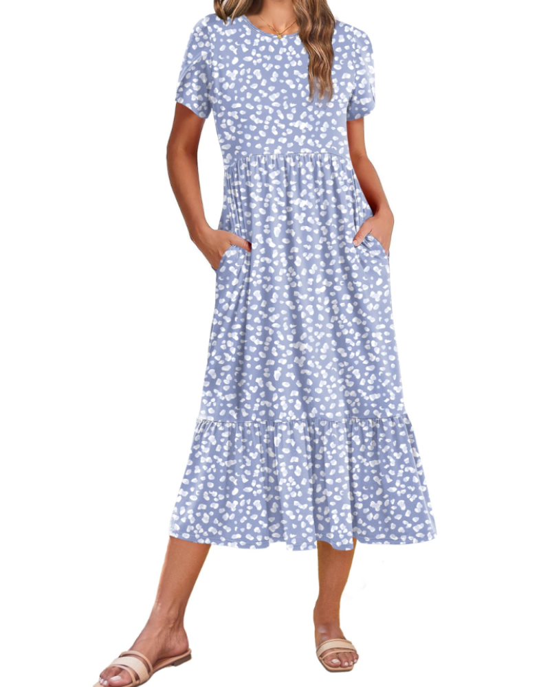 Harper Women's Floral Midi Dress – A-Line Petal Sleeve Dress with Tiered Hem & Pockets