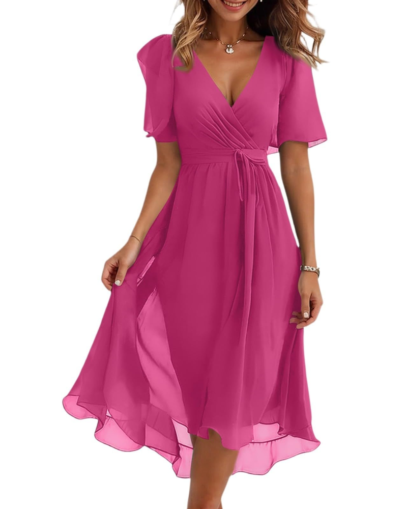 Florence Women's Floral Midi Dress – Wrap V-Neck Belted Puff Sleeve Elegant Dress