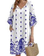 Cecilia Women's Boho Tunic Dress – V-Neck Floral Tassel Knee-Length with Pockets