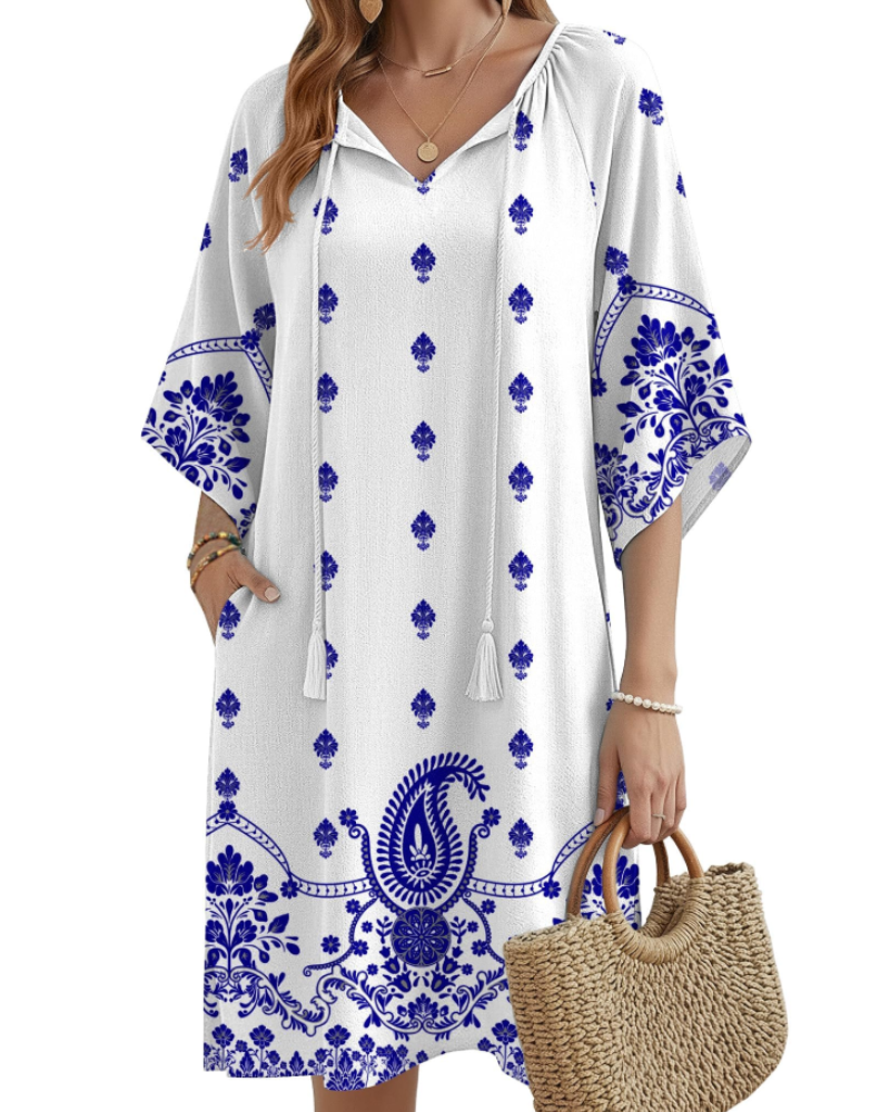 Cecilia Women's Boho Tunic Dress – V-Neck Floral Tassel Knee-Length with Pockets