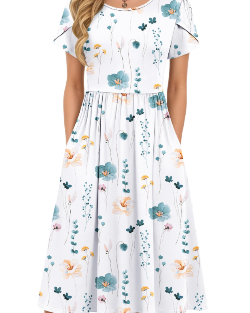 Sofia Women's Midi Summer Dress – A-Line Elastic Waist Dress with Petal Sleeves & Pockets