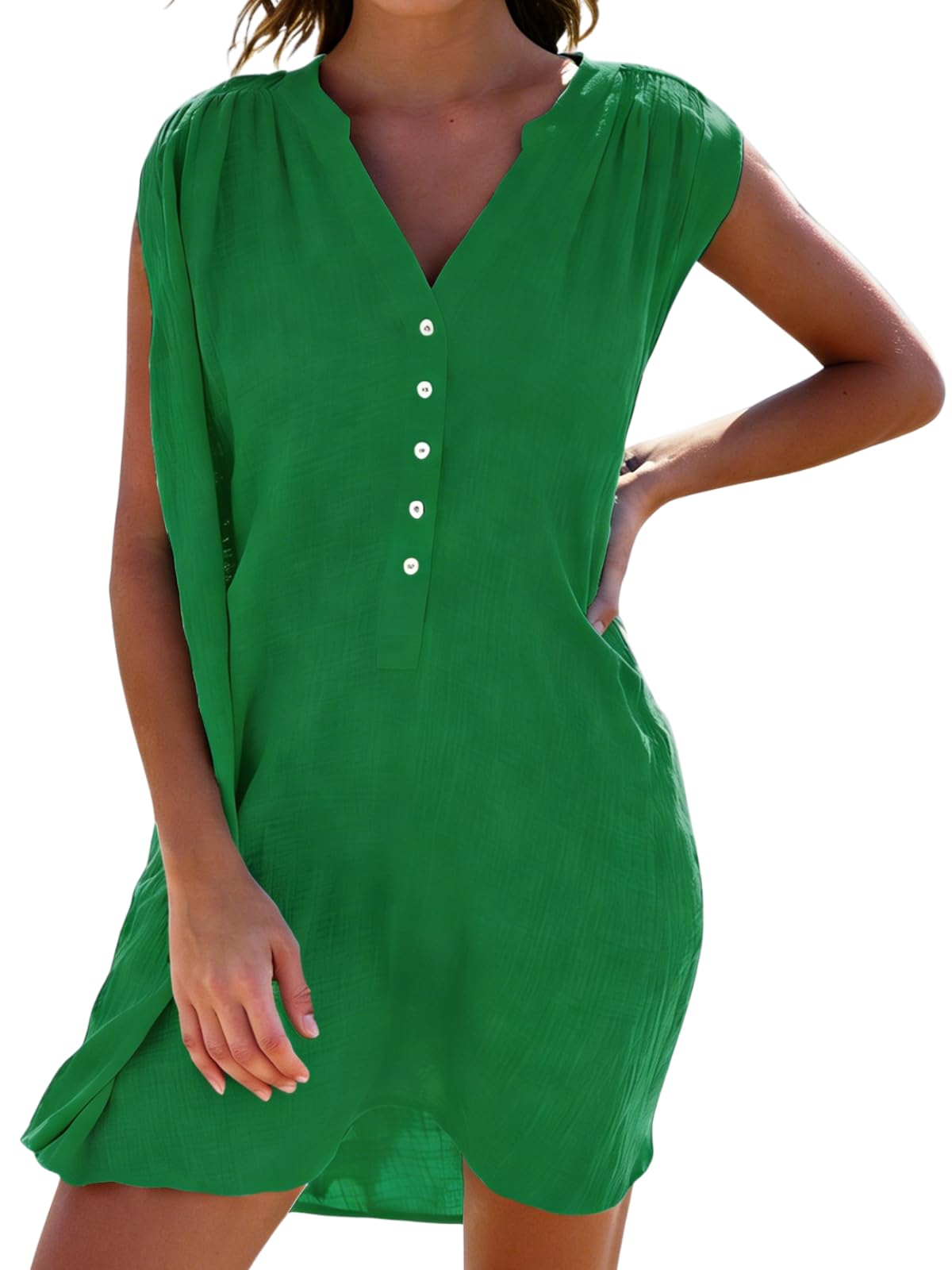 Mila Women's Beach Shirt Dress – Sleeveless V-Neck Linen-Look Cover-Up