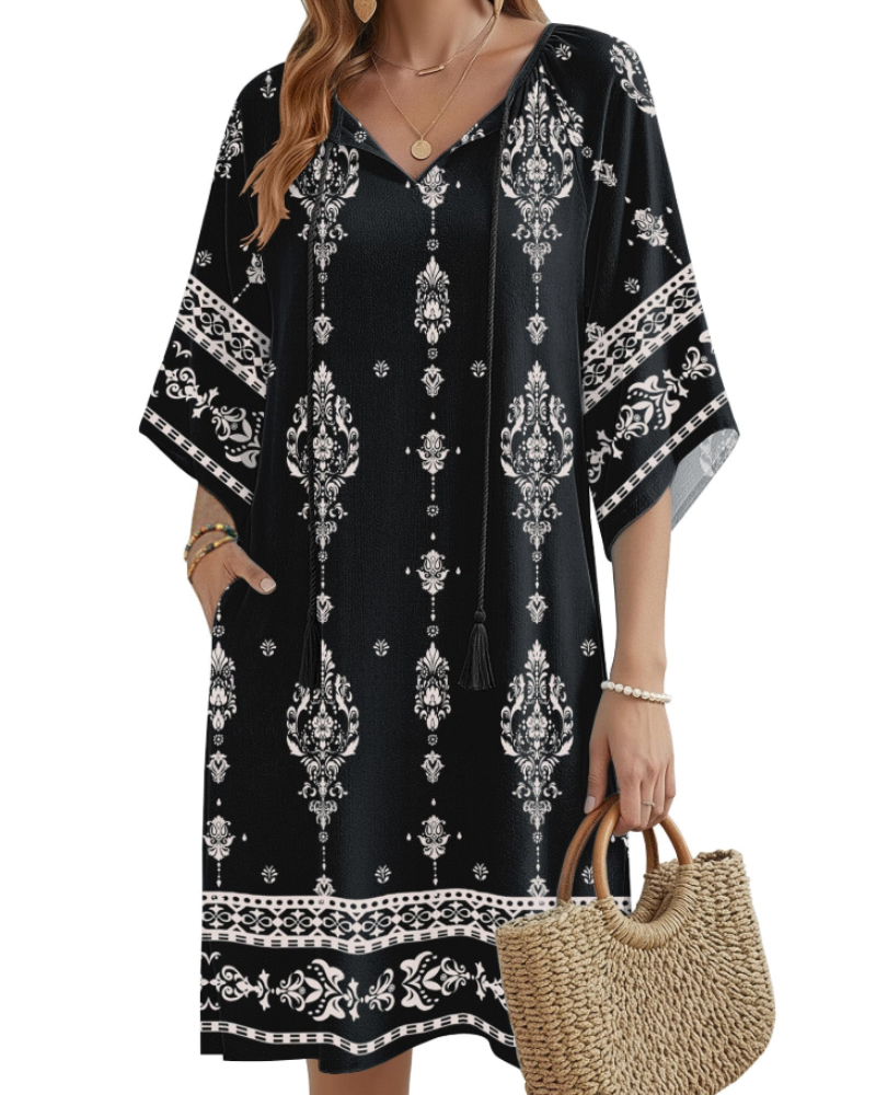 Cecilia Women's Boho Tunic Dress – V-Neck Floral Tassel Knee-Length with Pockets