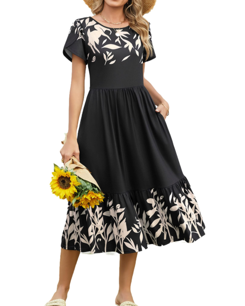 Harper Women's Floral Midi Dress – A-Line Petal Sleeve Dress with Tiered Hem & Pockets