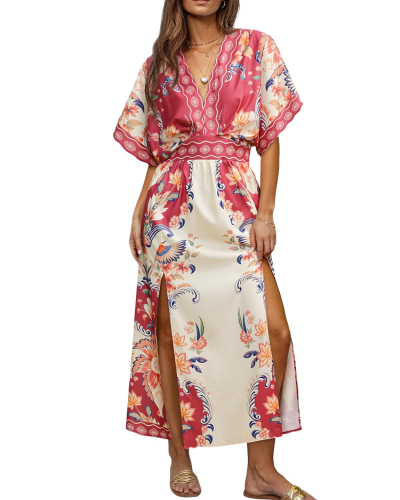 Vivian Women's Boho Maxi Dress – Deep V-Neck Kimono Sleeve Floral Dress with Slit