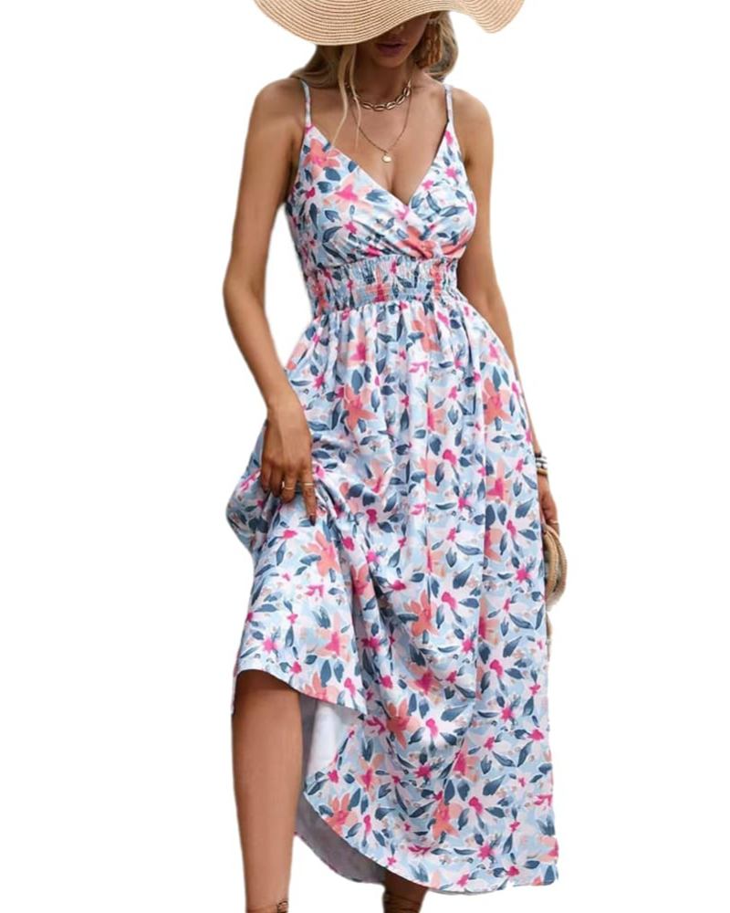 Isla Women's Floral Maxi Dress – V-Neck Boho High Waist Summer Dress with Spaghetti Straps