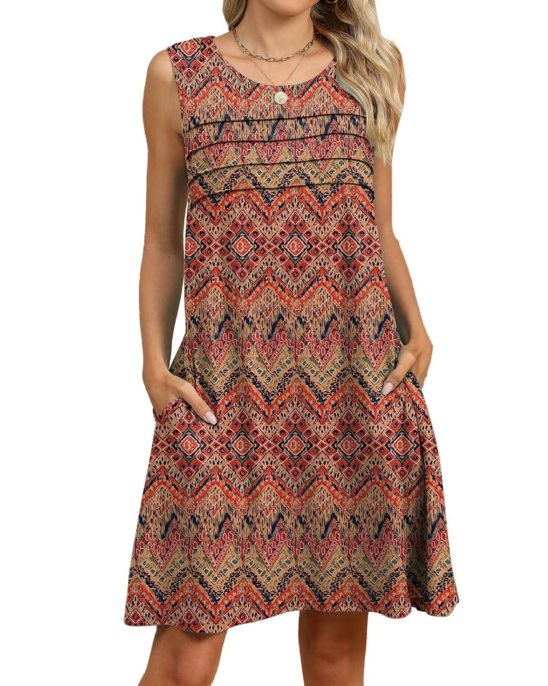 Sloane Women's Floral Midi Dress – Sleeveless A-Line Pleated Pockets