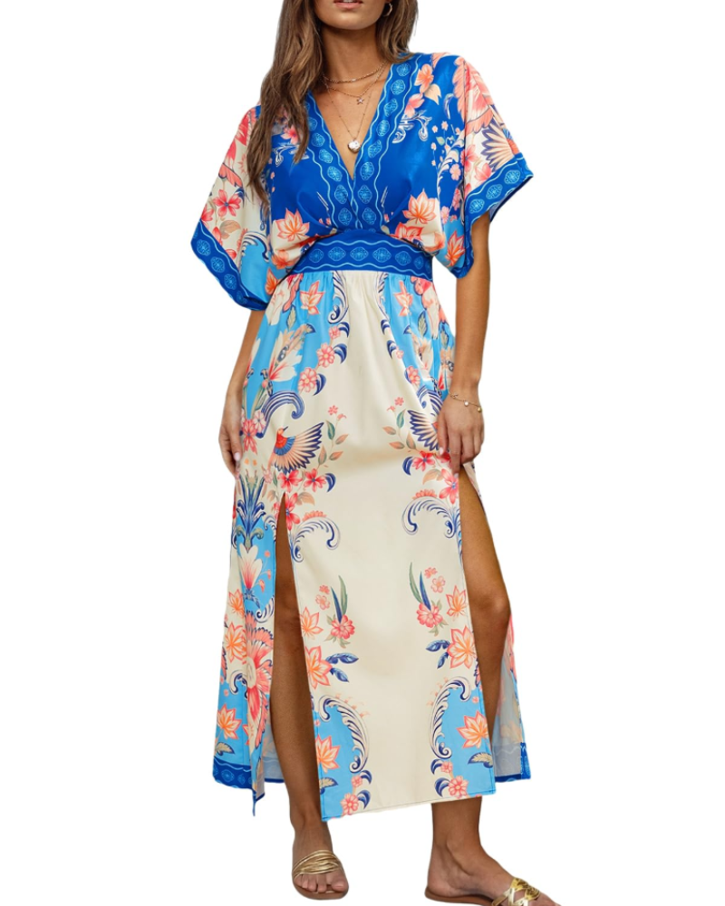 Vivian Women's Boho Maxi Dress – Deep V-Neck Kimono Sleeve Floral Dress with Slit