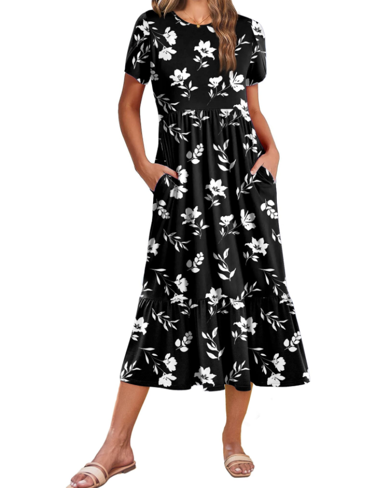 Harper Women's Floral Midi Dress – A-Line Petal Sleeve Dress with Tiered Hem & Pockets