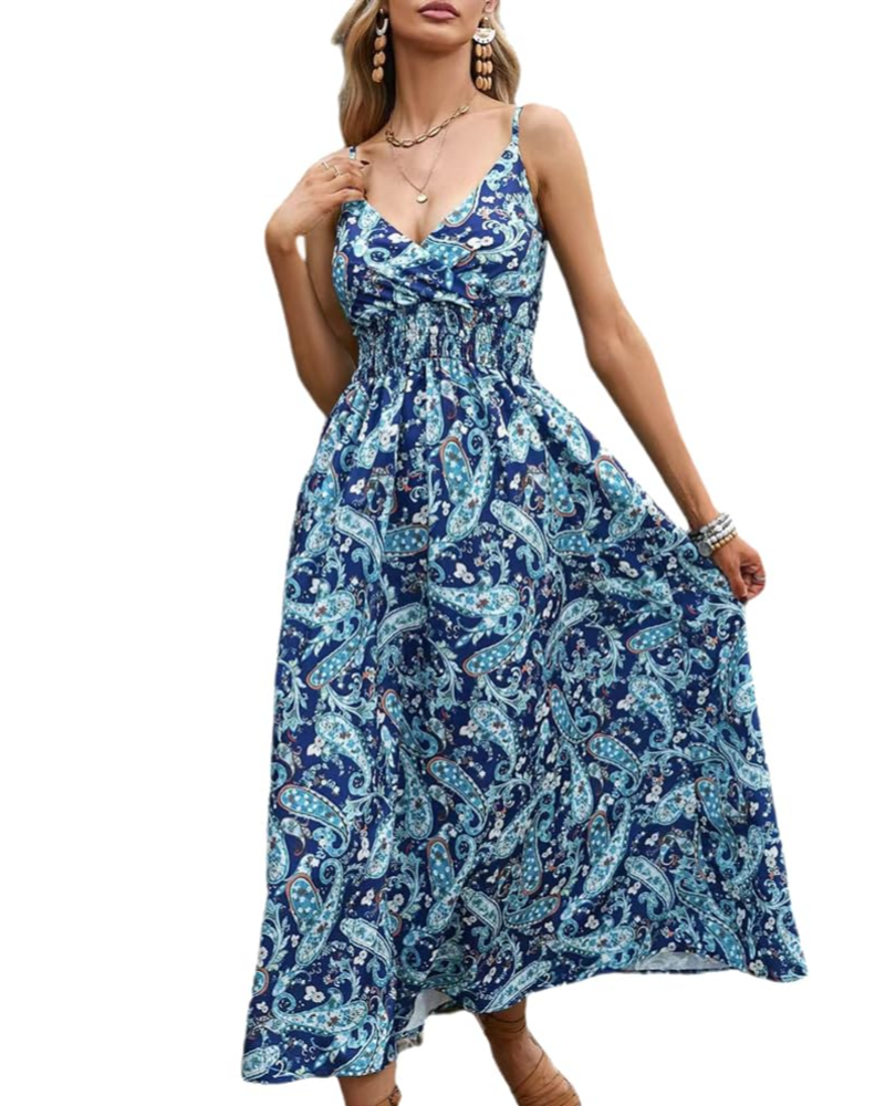 Isla Women's Floral Maxi Dress – V-Neck Boho High Waist Summer Dress with Spaghetti Straps