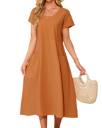 Aubrey Women's Cotton Midi Dress – Round Neck Boho Dress with Side Pockets