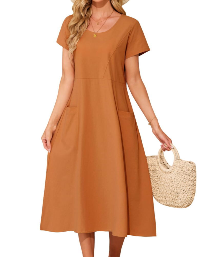 Aubrey Women's Cotton Midi Dress – Round Neck Boho Dress with Side Pockets