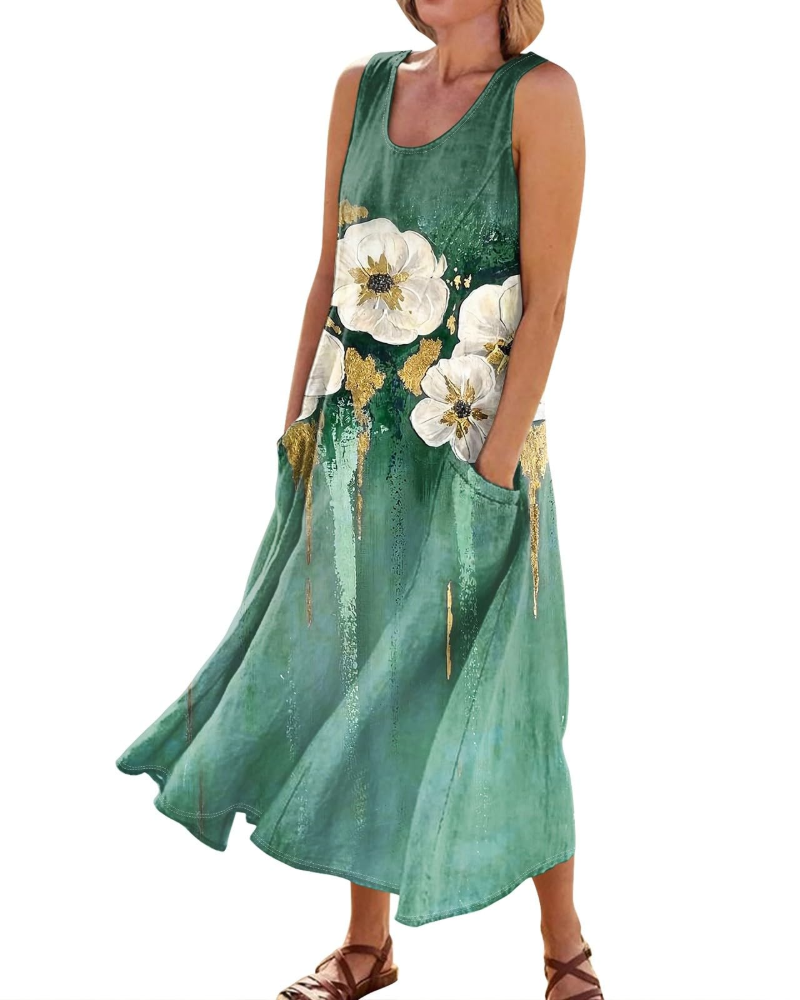 Lily Women's Boho Floral Maxi Dress – V-Neck Short Sleeve Dress with Pockets
