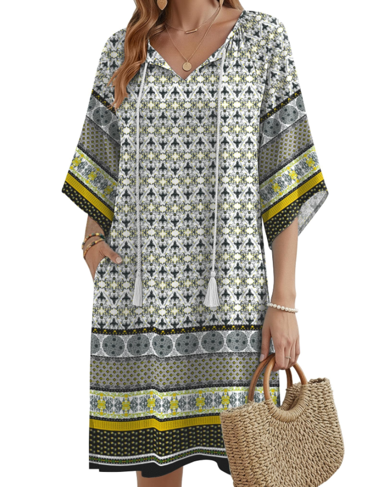 Cecilia Women's Boho Tunic Dress – V-Neck Floral Tassel Knee-Length with Pockets