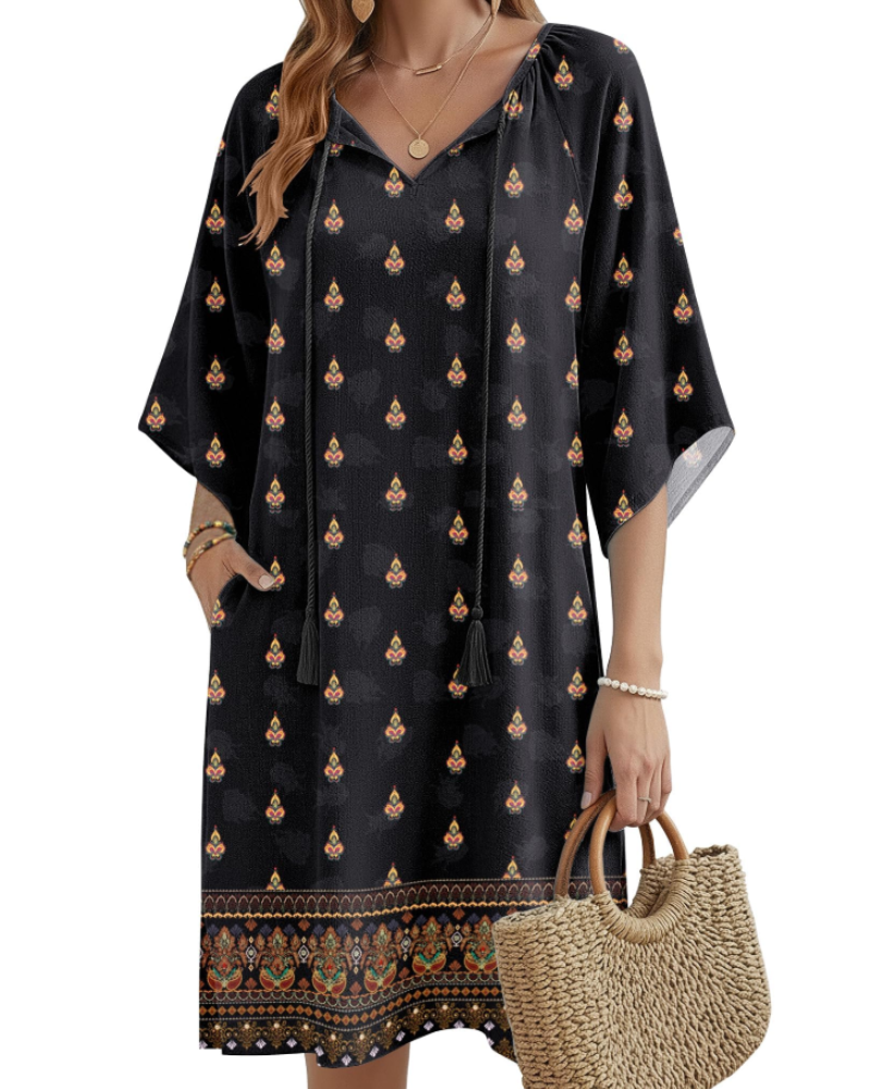 Cecilia Women's Boho Tunic Dress – V-Neck Floral Tassel Knee-Length with Pockets