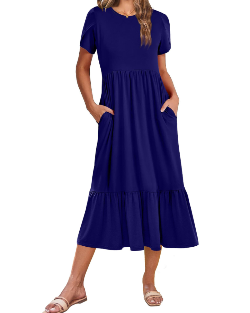 Harper Women's Floral Midi Dress – A-Line Petal Sleeve Dress with Tiered Hem & Pockets