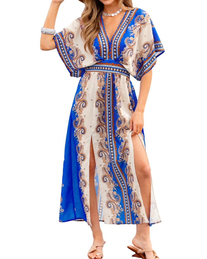 Vivian Women's Boho Maxi Dress – Deep V-Neck Kimono Sleeve Floral Dress with Slit
