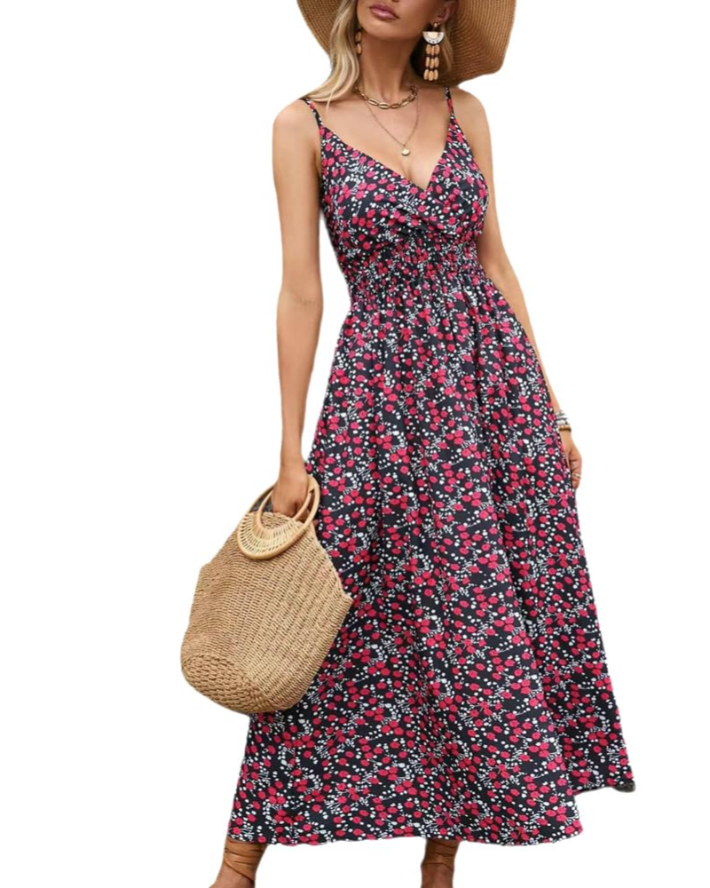 Isla Women's Floral Maxi Dress – V-Neck Boho High Waist Summer Dress with Spaghetti Straps