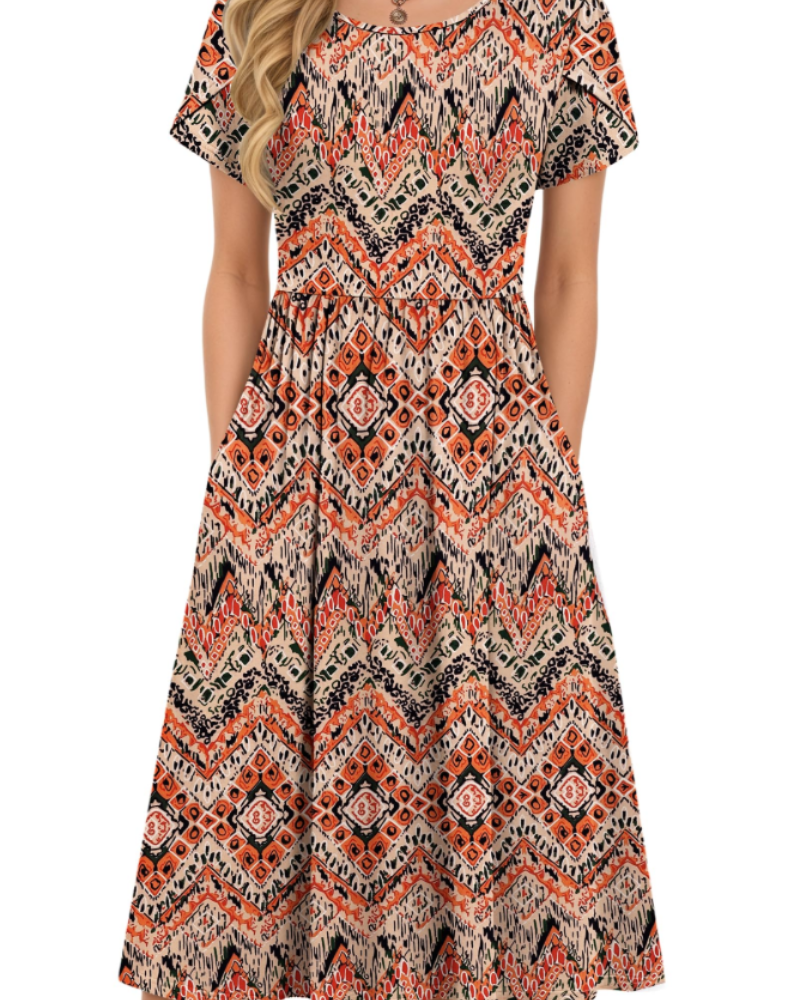 Sofia Women's Midi Summer Dress – A-Line Elastic Waist Dress with Petal Sleeves & Pockets