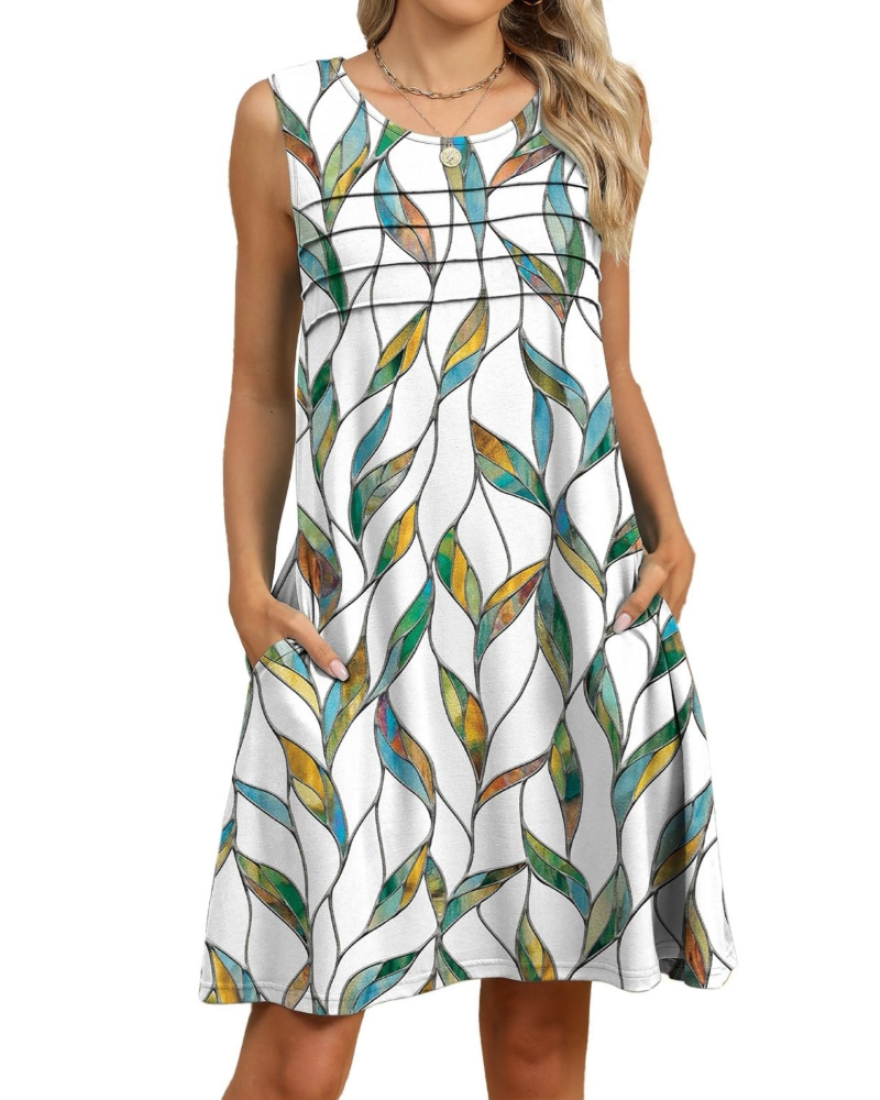 Sloane Women's Floral Midi Dress – Sleeveless A-Line Pleated Pockets