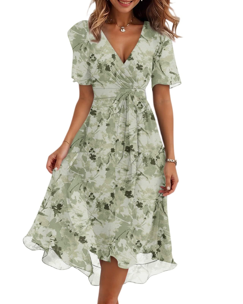 Florence Women's Floral Midi Dress – Wrap V-Neck Belted Puff Sleeve Elegant Dress
