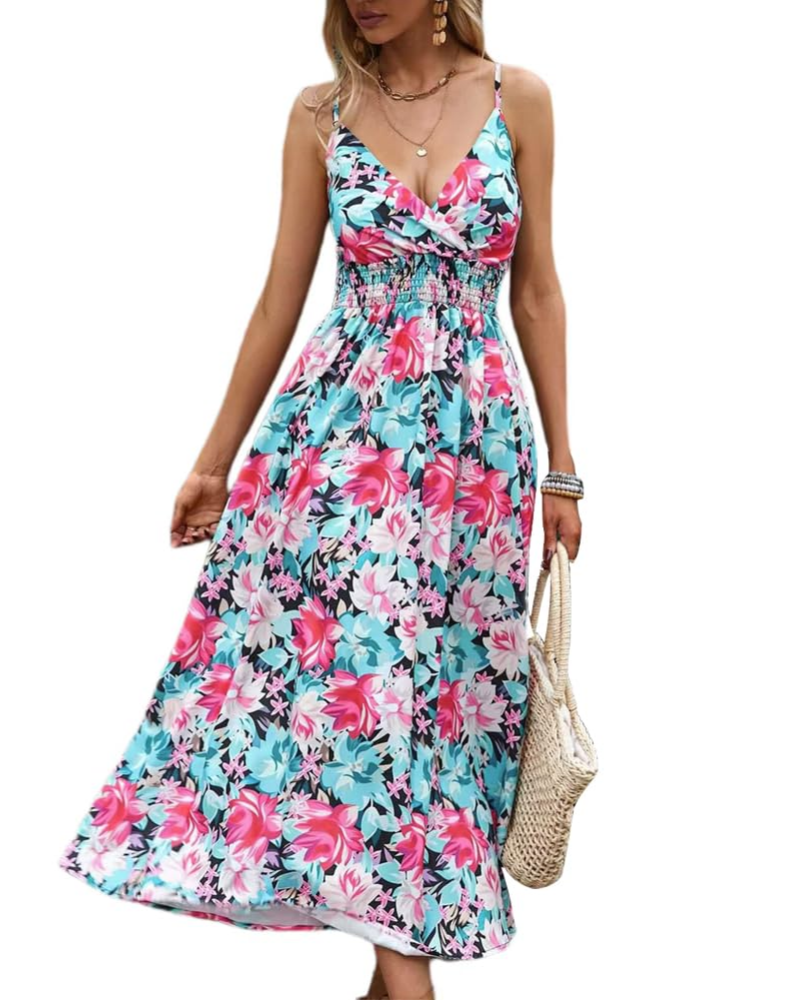 Isla Women's Floral Maxi Dress – V-Neck Boho High Waist Summer Dress with Spaghetti Straps