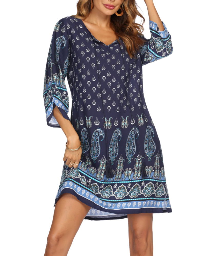 Evelyn Women's Boho Tunic Dress – Floral Tassel Long Sleeve Mini Beach Cover-Up