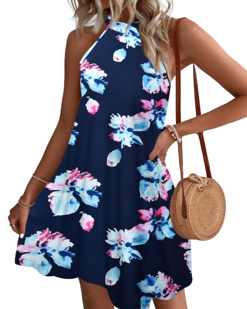Georgia Women's Halter Mini Dress – Open Back A-Line Dress with Side Pockets