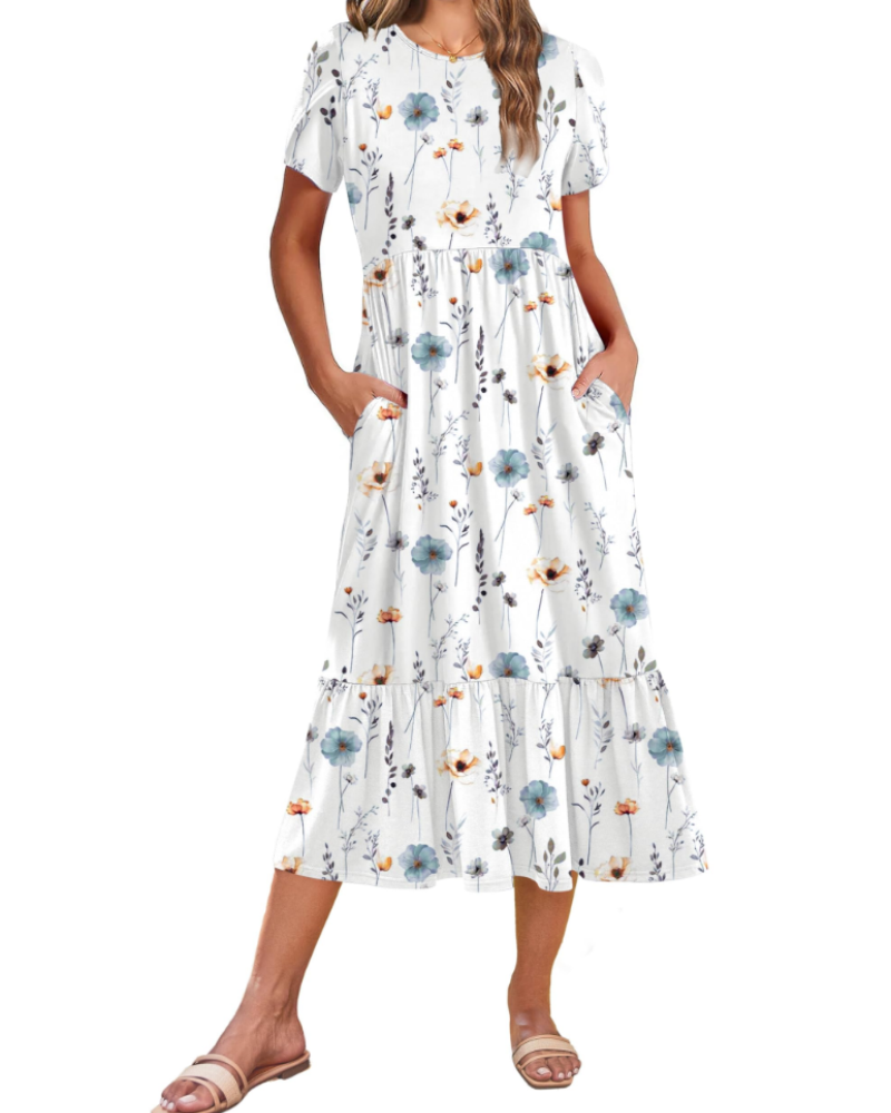 Harper Women's Floral Midi Dress – A-Line Petal Sleeve Dress with Tiered Hem & Pockets