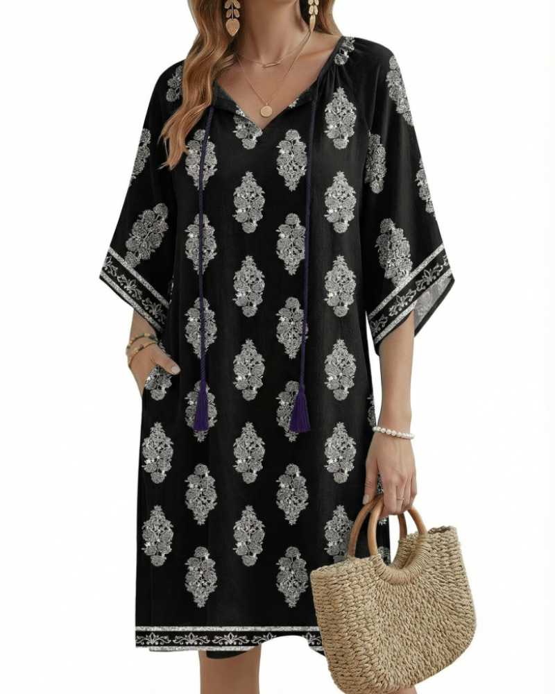 Cecilia Women's Boho Tunic Dress – V-Neck Floral Tassel Knee-Length with Pockets
