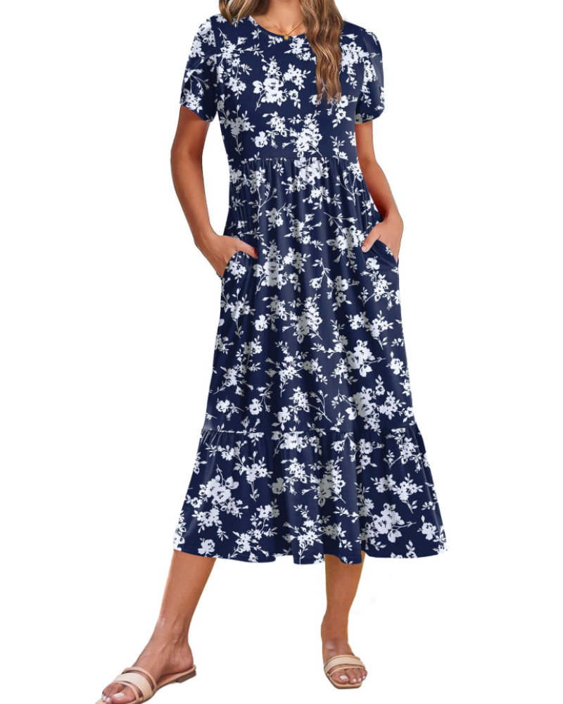 Harper Women's Floral Midi Dress – A-Line Petal Sleeve Dress with Tiered Hem & Pockets