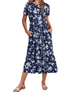 Harper Women's Floral Midi Dress – A-Line Petal Sleeve Dress with Tiered Hem & Pockets