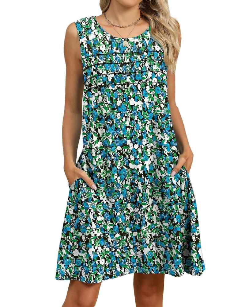 Sloane Women's Floral Midi Dress – Sleeveless A-Line Pleated Pockets