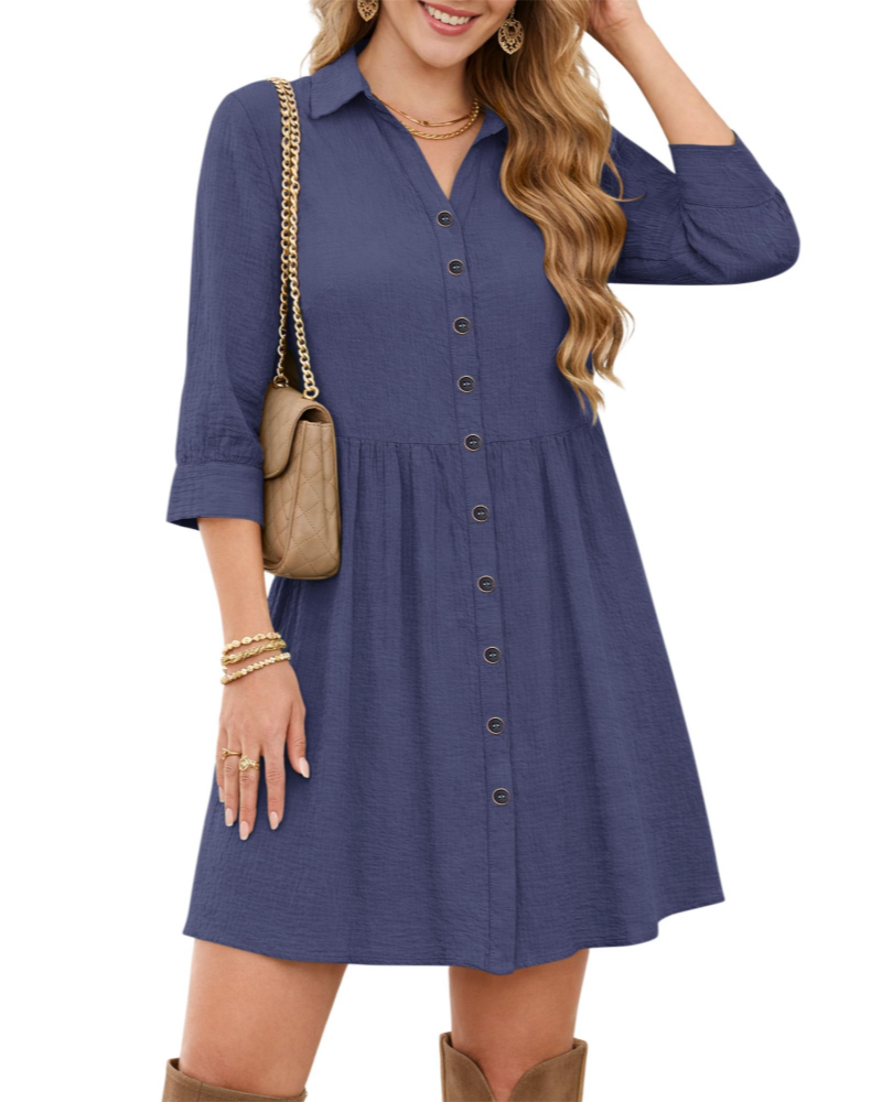 Avery Women's Shirt Dress – V-Neck Empire Waist Button Midi with Pockets