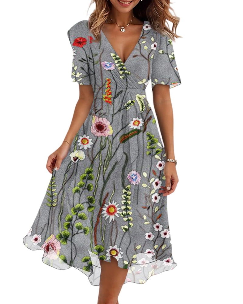 Florence Women's Floral Midi Dress – Wrap V-Neck Belted Puff Sleeve Elegant Dress