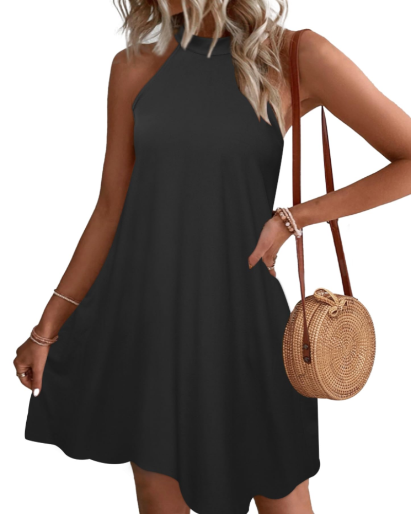 Georgia Women's Halter Mini Dress – Open Back A-Line Dress with Side Pockets