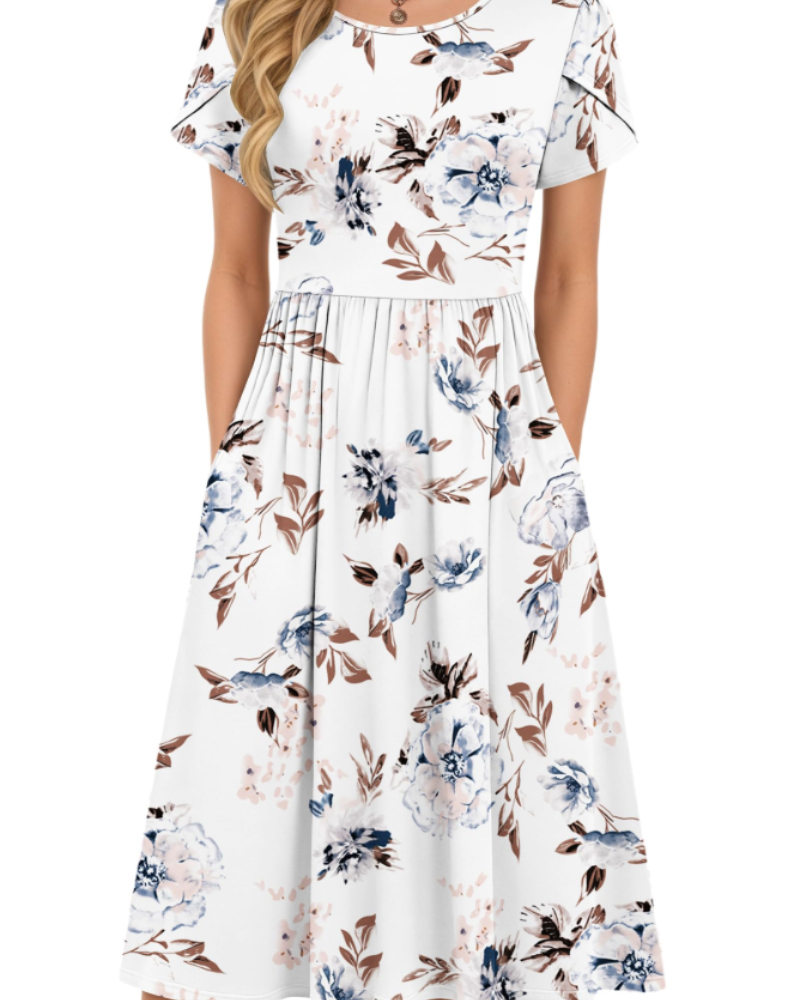 Sofia Women's Midi Summer Dress – A-Line Elastic Waist Dress with Petal Sleeves & Pockets