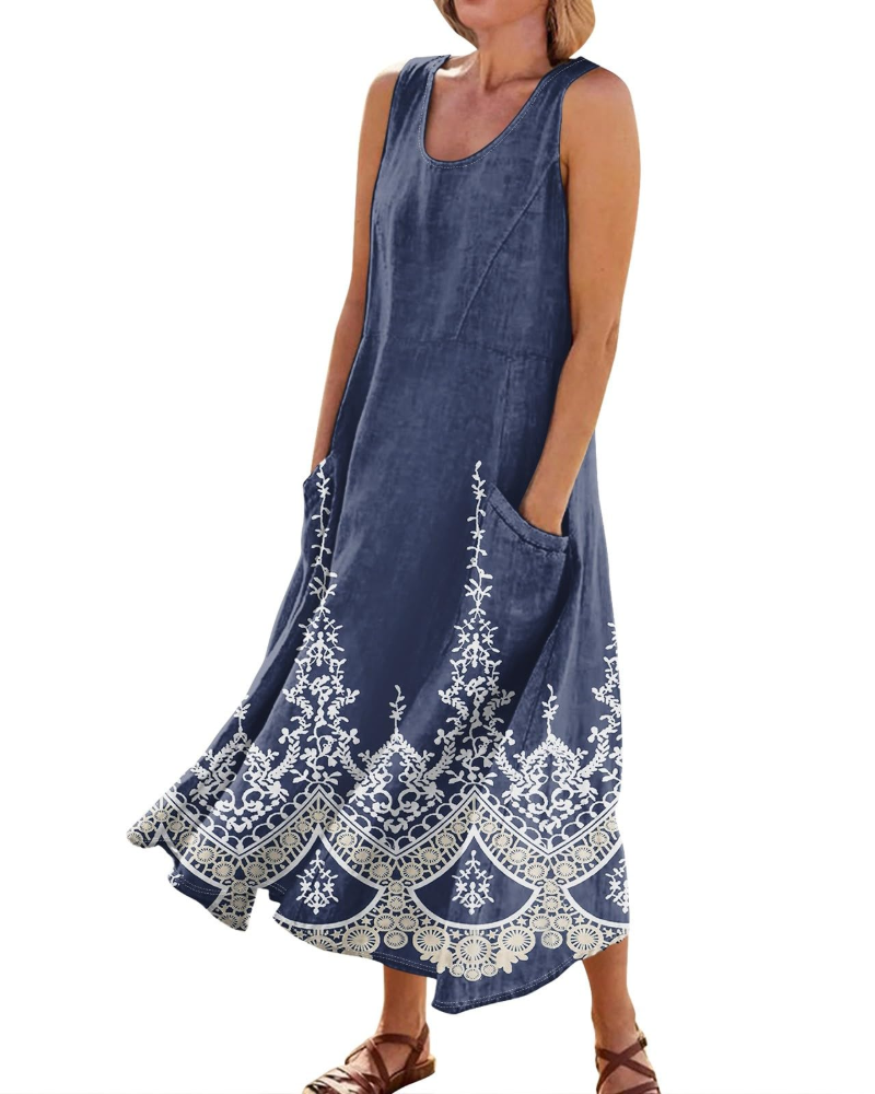 Lily Women's Boho Floral Maxi Dress – V-Neck Short Sleeve Dress with Pockets
