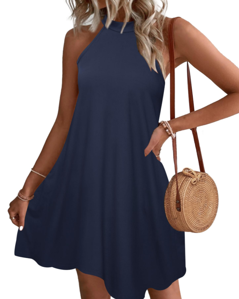 Georgia Women's Halter Mini Dress – Open Back A-Line Dress with Side Pockets