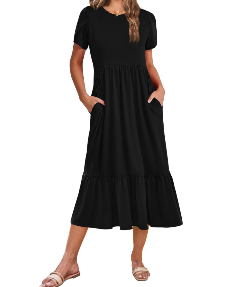Harper Women's Floral Midi Dress – A-Line Petal Sleeve Dress with Tiered Hem & Pockets