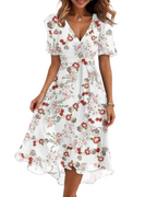 Florence Women's Floral Midi Dress – Wrap V-Neck Belted Puff Sleeve Elegant Dress
