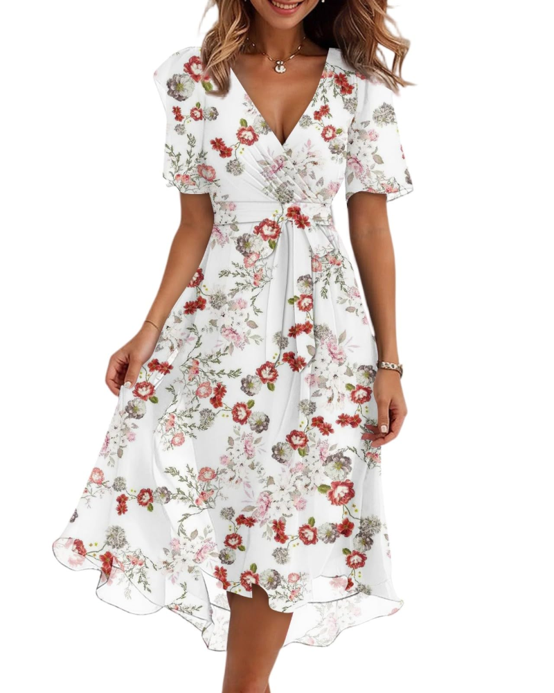 Florence Women's Floral Midi Dress – Wrap V-Neck Belted Puff Sleeve Elegant Dress