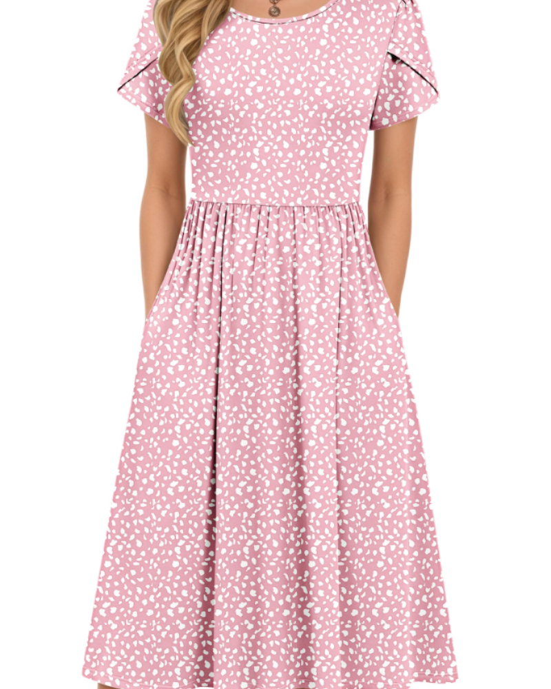 Sofia Women's Midi Summer Dress – A-Line Elastic Waist Dress with Petal Sleeves & Pockets