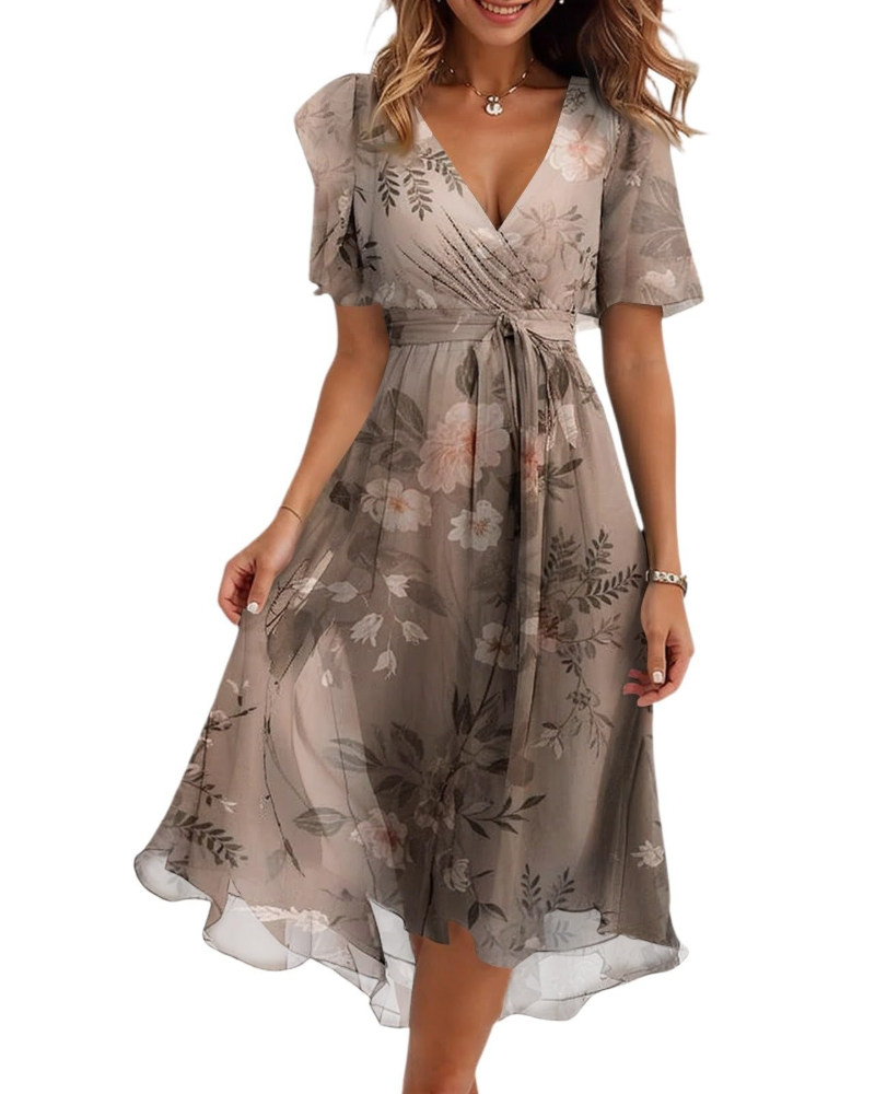 Florence Women's Floral Midi Dress – Wrap V-Neck Belted Puff Sleeve Elegant Dress
