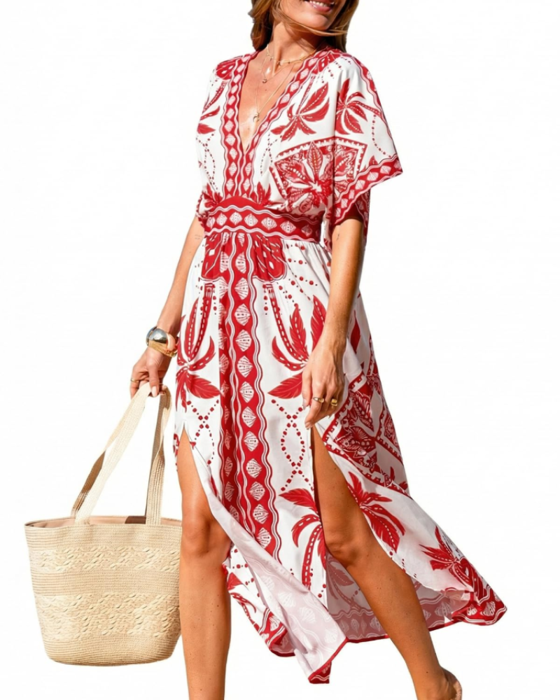 Vivian Women's Boho Maxi Dress – Deep V-Neck Kimono Sleeve Floral Dress with Slit