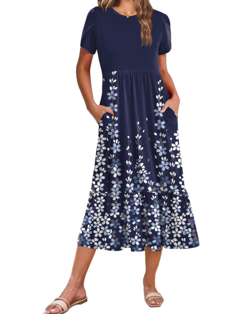 Harper Women's Floral Midi Dress – A-Line Petal Sleeve Dress with Tiered Hem & Pockets