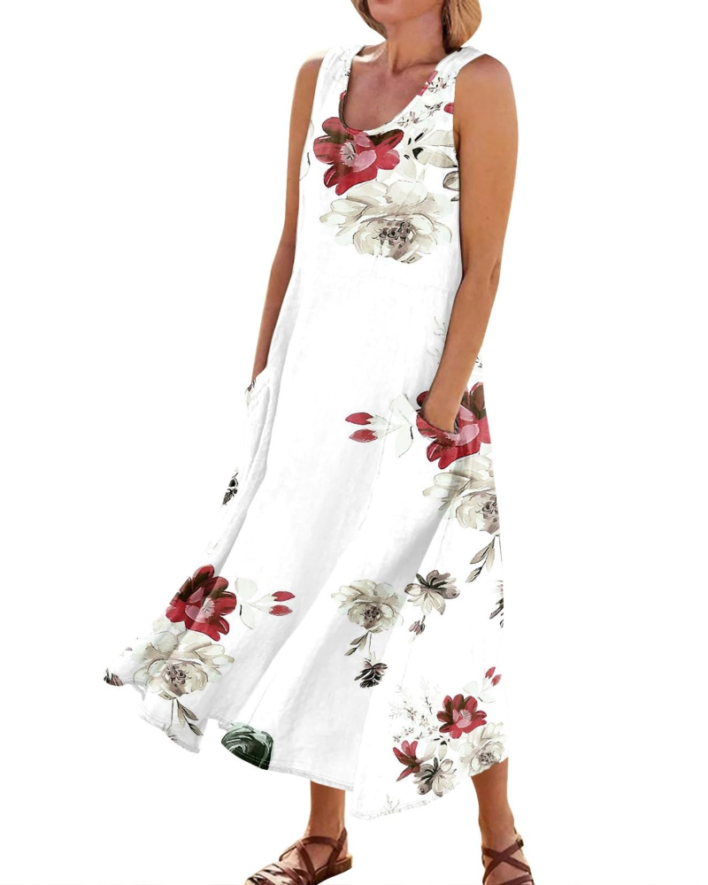 Lily Women's Boho Floral Maxi Dress – V-Neck Short Sleeve Dress with Pockets